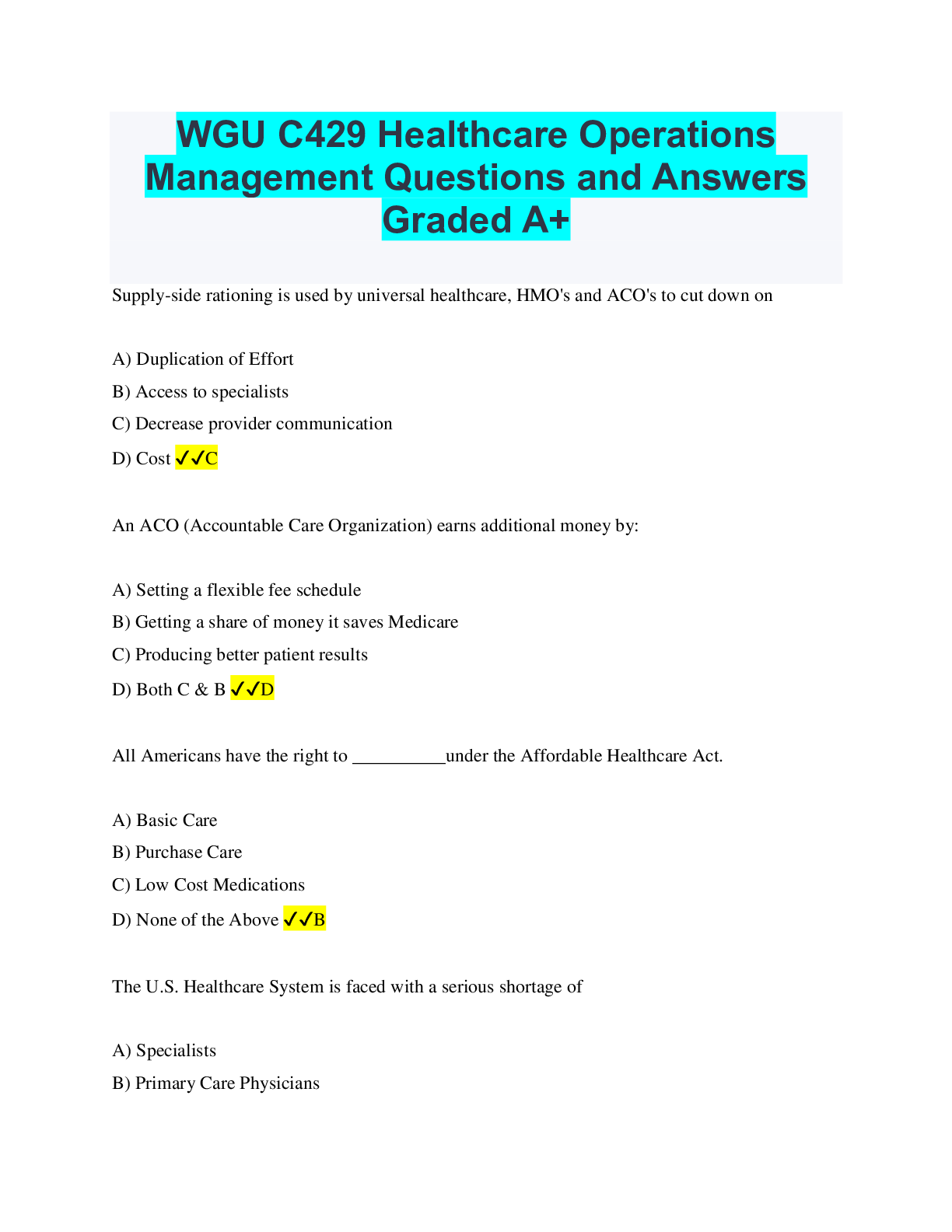Preview image for WGU C429 Healthcare Operations Management Questions and Answers Graded A+